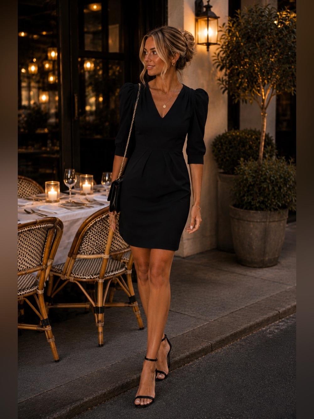 Black Halo Livia Sheath Dress Black Puff Sleeve V-Neck Size 2